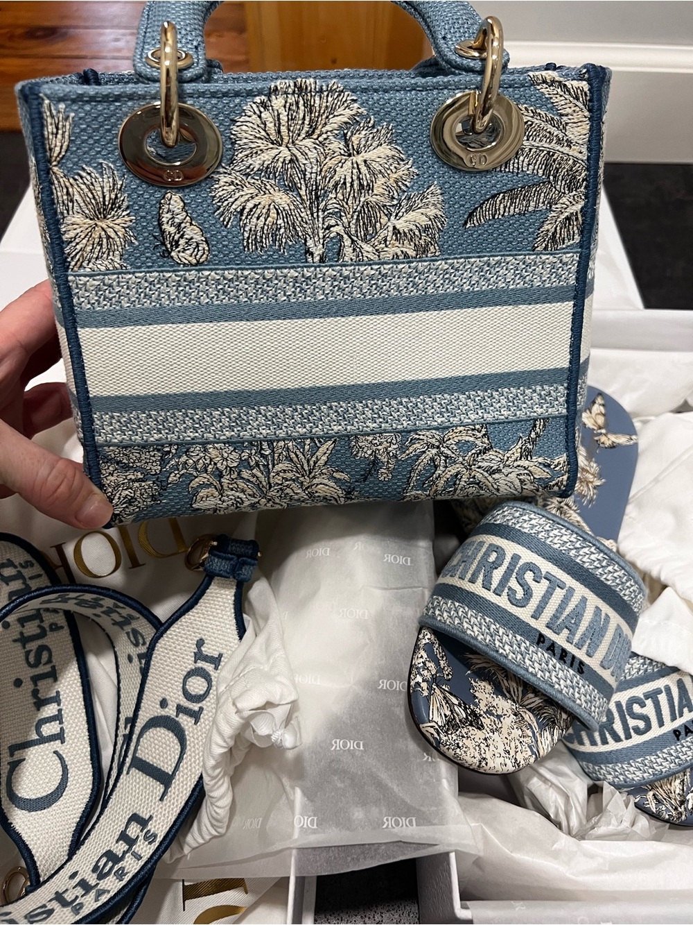 Dior Blue Lady Dior Mini Tote with Toile de Jouy Embroidery - Picture 9 of 16